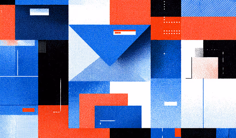 Section 02 – Image 2: Collage of abstract envelopes and rectangles in red, blue, and black tones, representing communication, outreach, and brand messaging.