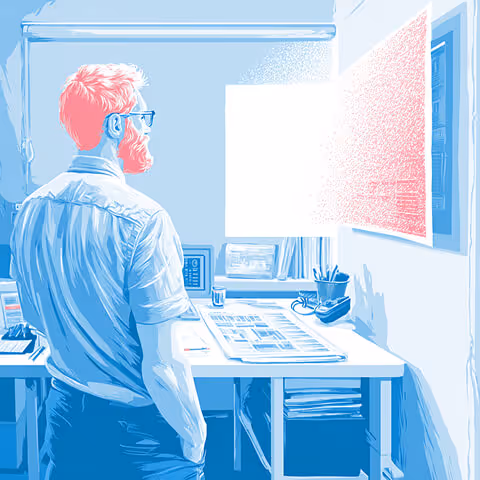 Illustration of a designer reviewing a glowing white display board, symbolizing inspiration, creative review, and campaign vision.