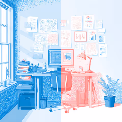 Split-color office scene in red and blue, showing a workspace filled with design sketches, charts, and a computer monitor — symbolizing dual perspectives in creative thinking.