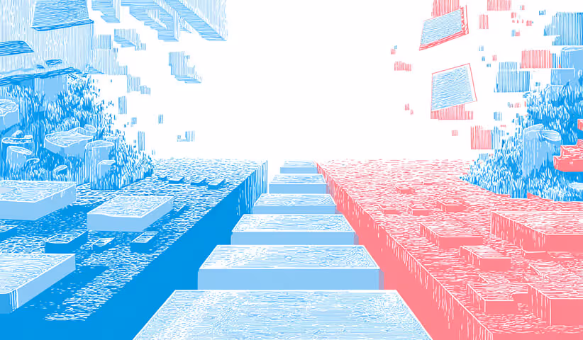 Abstract 3D pathway in red and blue leading toward a bright horizon, symbolizing progress, innovation, and forward-thinking marketing strategy.