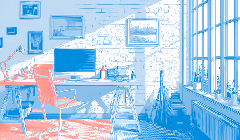 Sunlit creative studio with a red and blue color palette, featuring a desk, computer, and large windows — representing creativity, workspace energy, and focus.