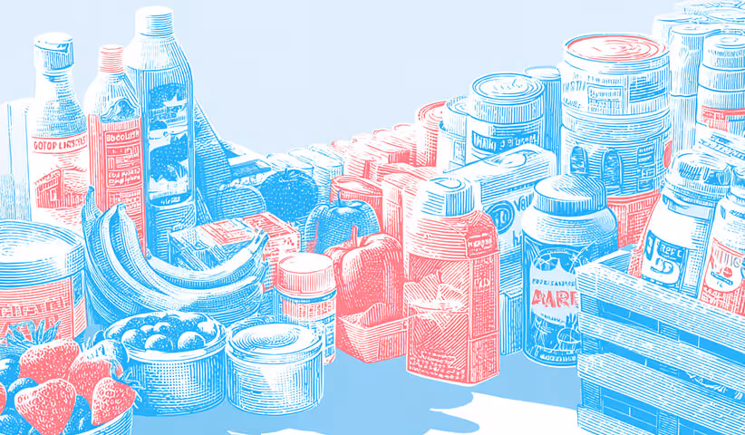 Still life of red and blue illustrated groceries, fruits, and packaged goods — symbolizing product variety, branding, and consumer lifestyle.