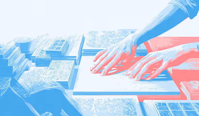 Illustration of hands assembling printed materials on a table, symbolizing craftsmanship, attention to detail, and the process behind effective advertising.