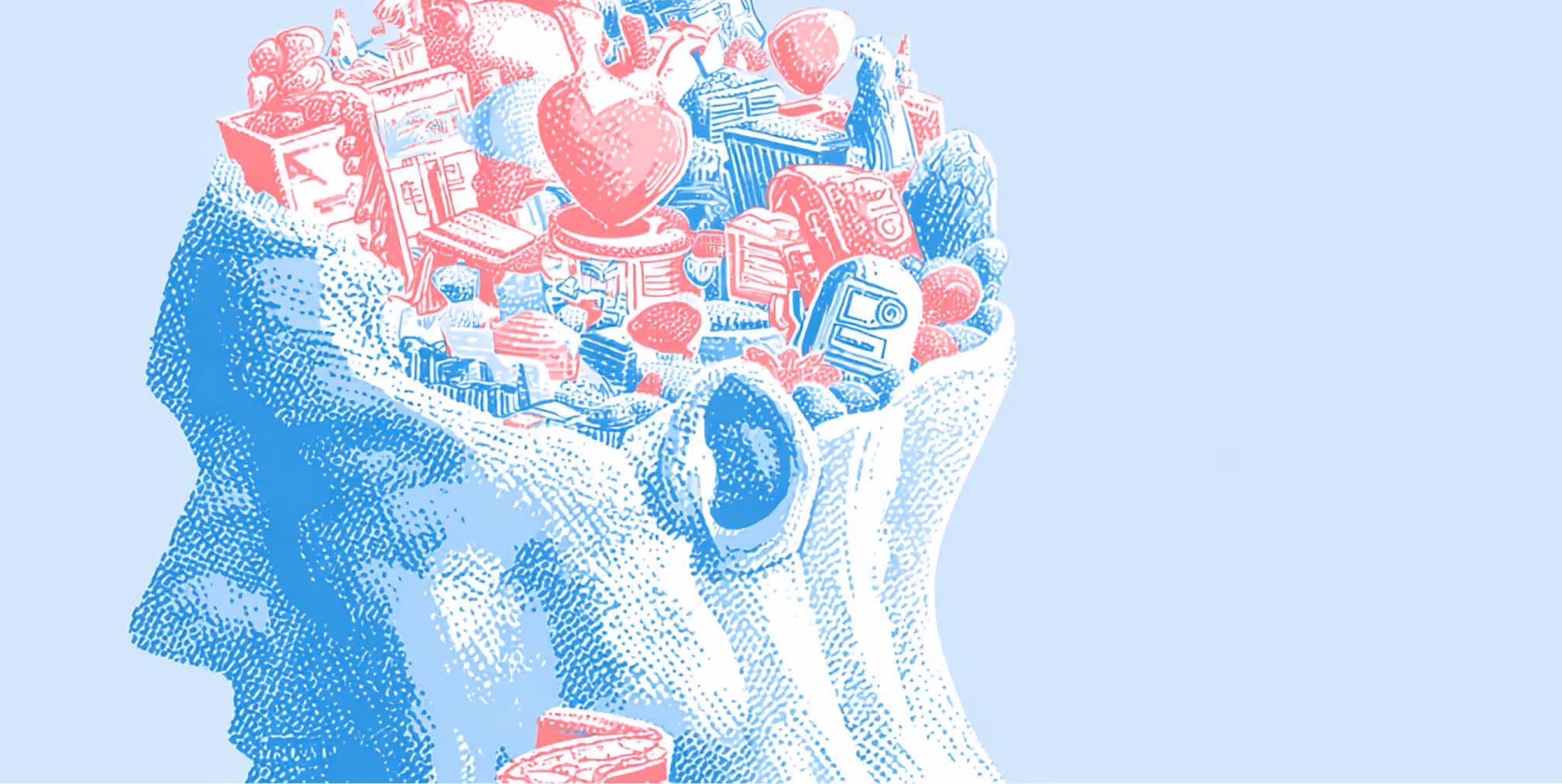 Abstract human head filled with illustrated objects — including products, symbols, and hearts — representing imagination, learning, and marketing creativity.