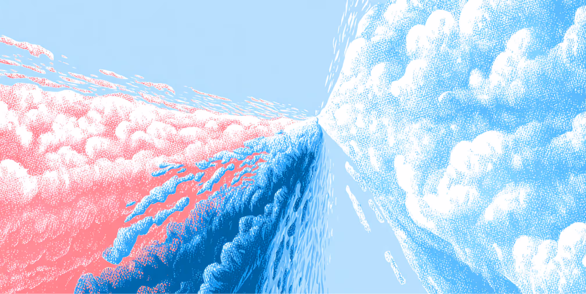 Illustration of blue and red clouds converging at the center of the frame, symbolizing ideas colliding, innovation, and the merging of creativity and logic.