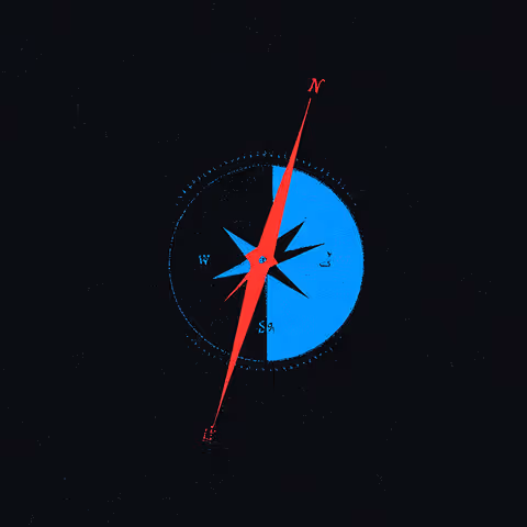 Red and blue compass illustration with directional markings, symbolizing navigation, purpose, and brand alignment.