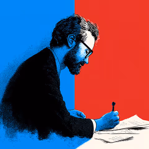 A professional writing on paper, with a red and blue background split, symbolizing analysis, planning, and the merging of creative and strategic thinking.