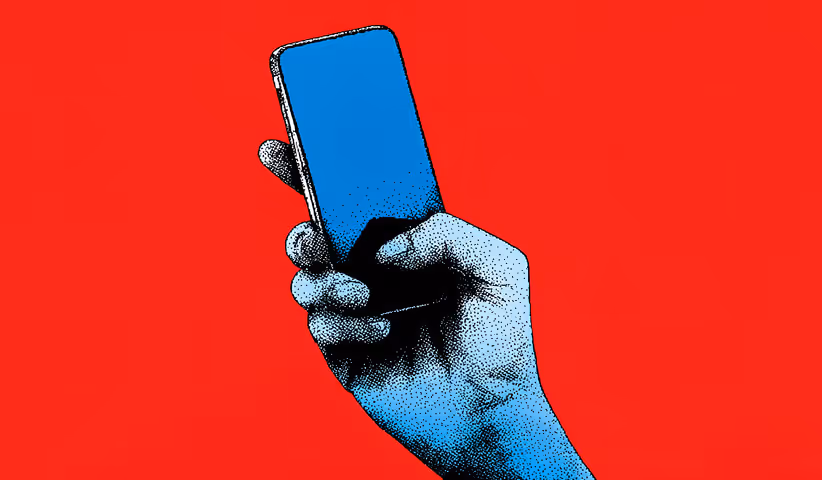 Blue hand holding a smartphone against a red background, representing mobile marketing, digital communication, and social media engagement.