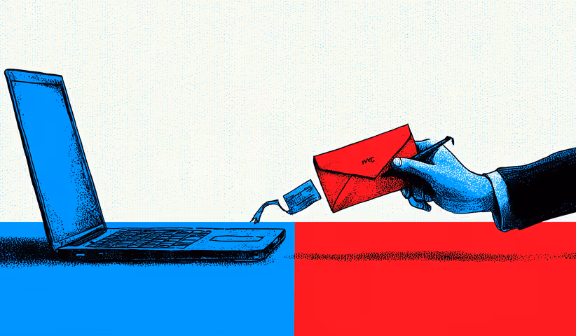 Blue laptop sending a red envelope through a cable, symbolizing email marketing, connectivity, and digital outreach.