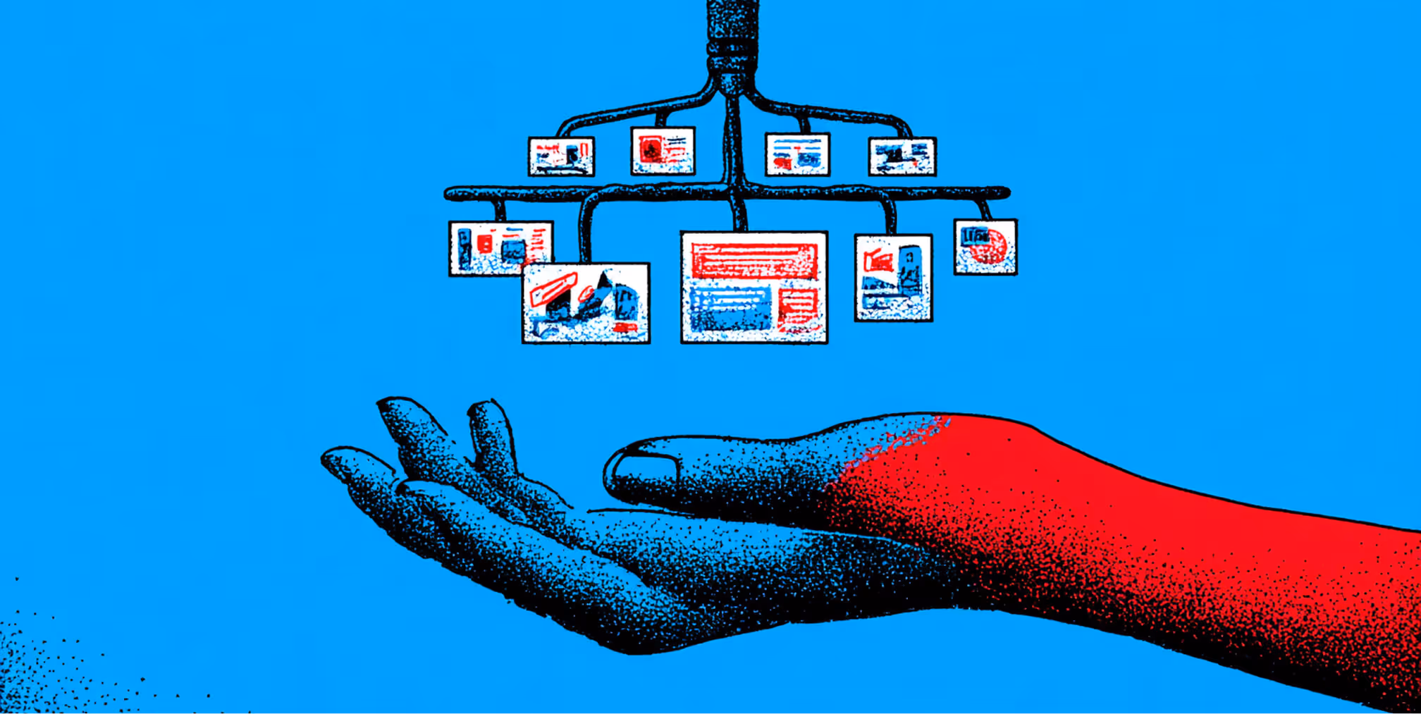 Illustration of a blue and red hand beneath a digital network of screens and ads, representing online campaigns, automation, and multi-channel marketing.