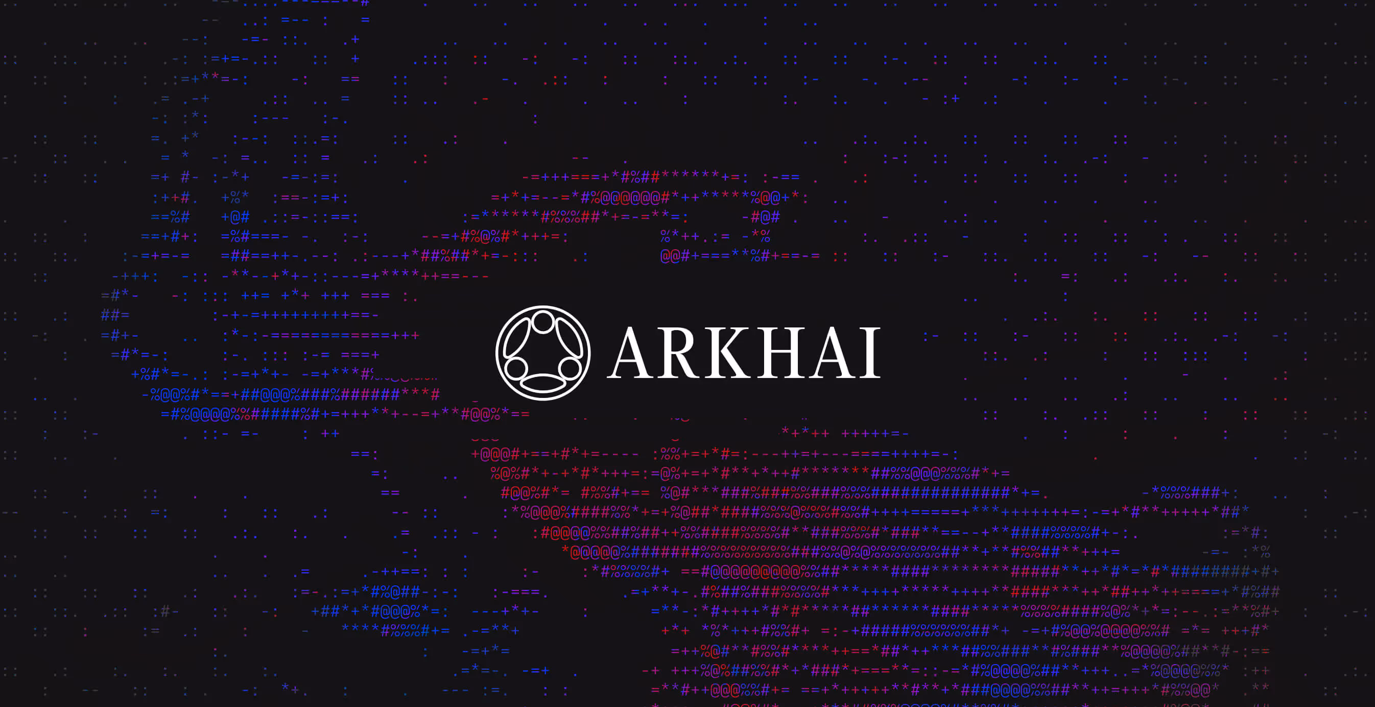 Logo and wordmark displayed over a background of red and blue ASCII code, symbolizing digital origins, machine intelligence, and coded structure.