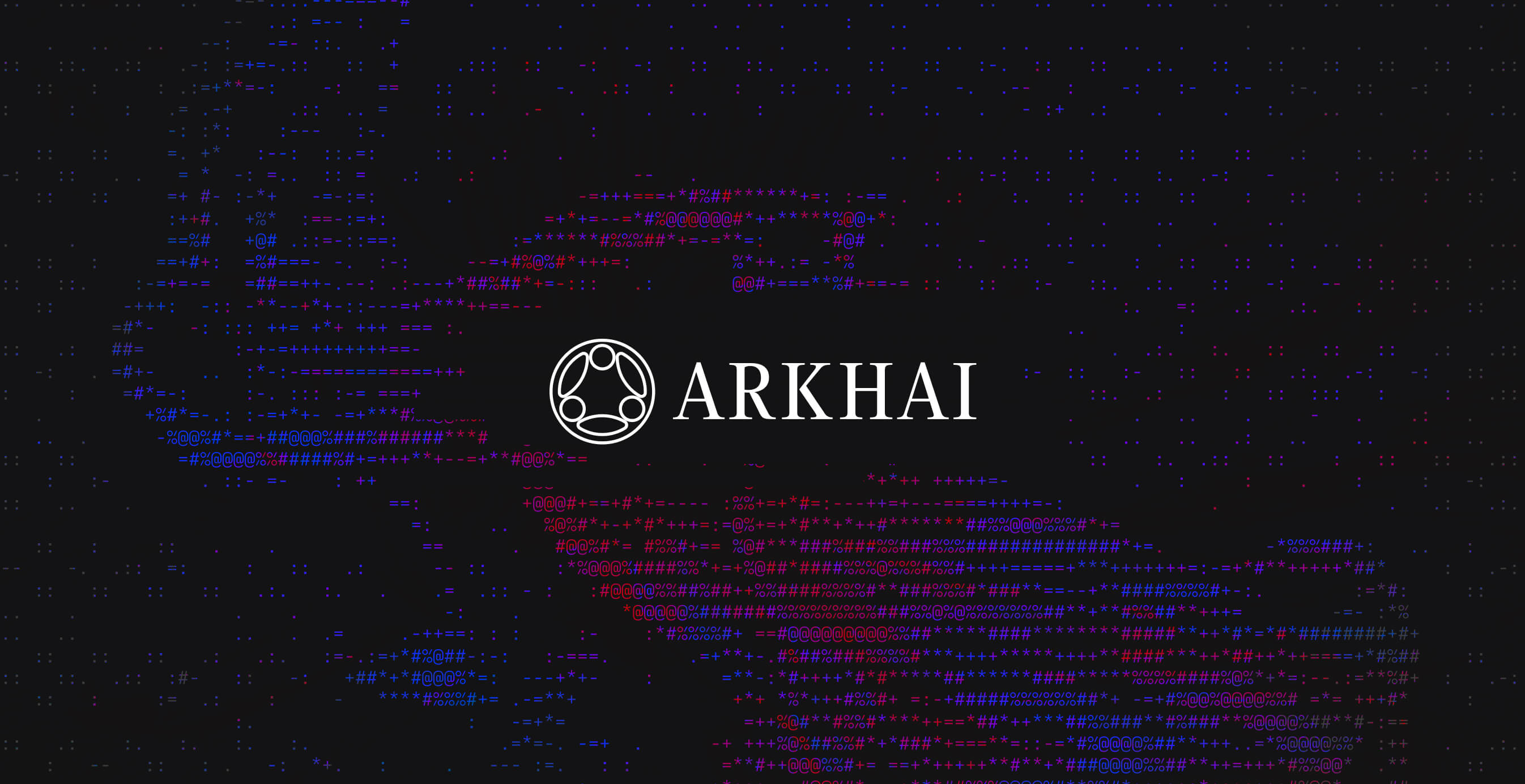 Logo and wordmark displayed over a background of red and blue ASCII code, symbolizing digital origins, machine intelligence, and coded structure.