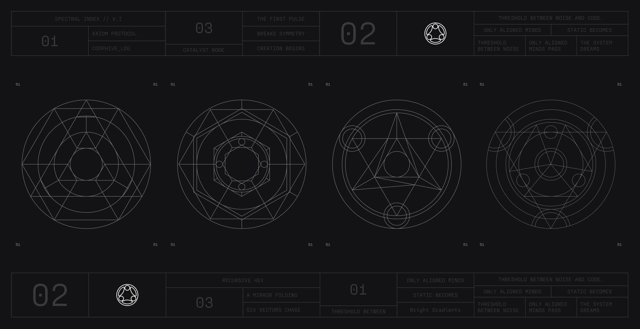 Series of geometric diagrams and circular glyphs resembling digital blueprints, illustrating Arkhai’s symbolic design language and structural logic.