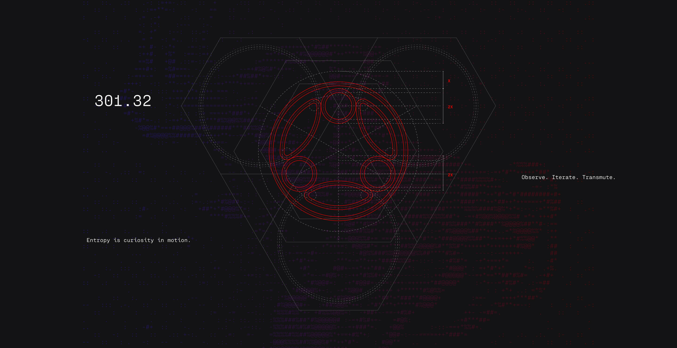 Technical wireframe overlay of the Arkhai emblem with red and blue digital elements, symbolizing iteration, transformation, and algorithmic design.