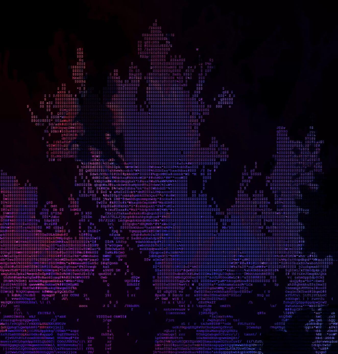Abstract fractal landscape rendered in red and blue ASCII-style code, evoking digital entropy, data mapping, and computational texture.