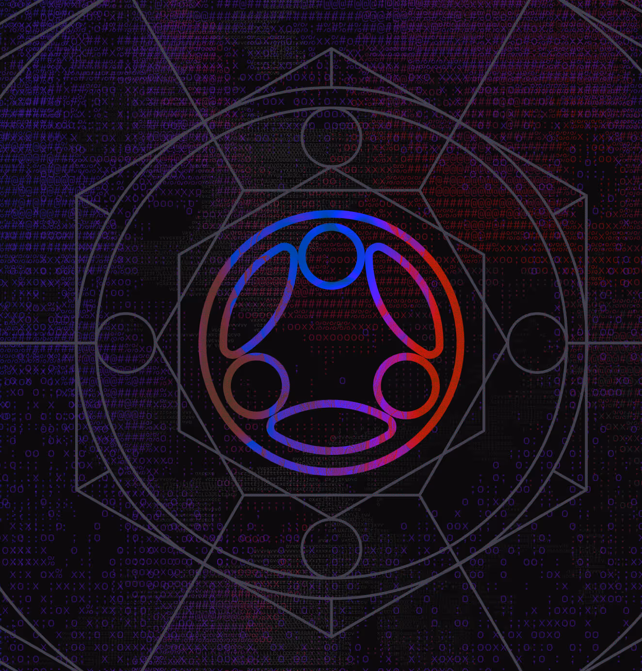 Central geometric emblem blending circular and angular patterns in red and blue tones, symbolizing balance, logic, and the fusion of organic and synthetic systems.