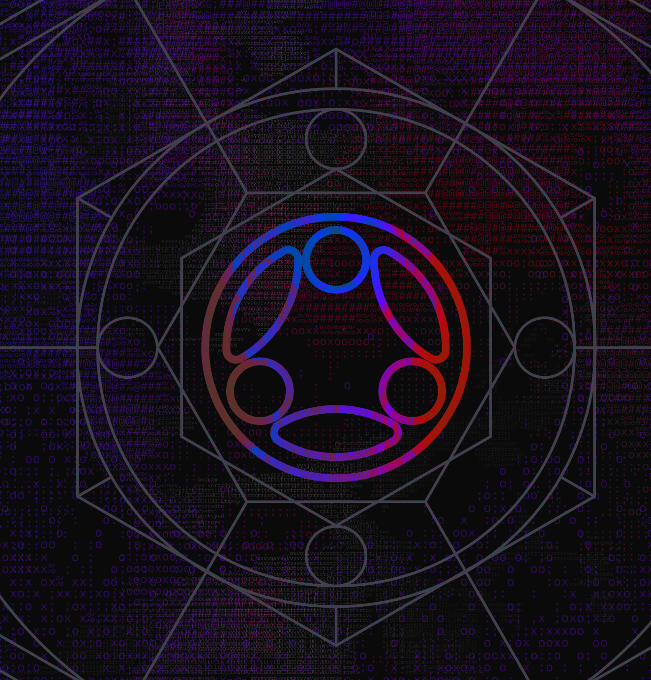 Central geometric emblem blending circular and angular patterns in red and blue tones, symbolizing balance, logic, and the fusion of organic and synthetic systems.