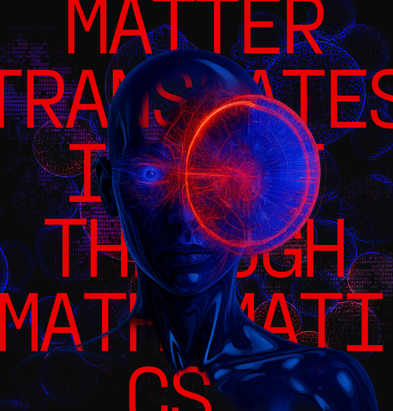 3D-rendered humanoid figure with glowing red and blue neural patterns and mathematical text overlay, representing the intersection of consciousness, matter, and computation.