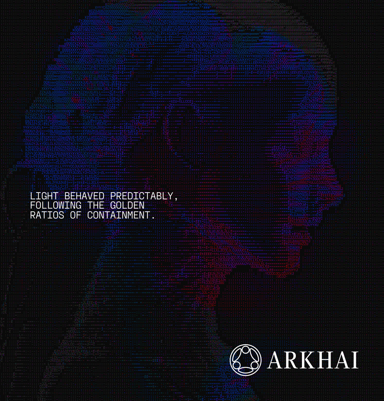 Side profile of a human head rendered in red and blue ASCII code with the text “Light behaved predictably, following the golden ratios of containment,” symbolizing precision, symmetry, and digital consciousness.