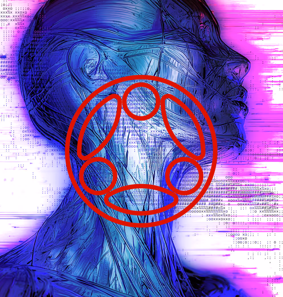Digital artwork depicting a blue-toned humanoid figure rendered with anatomical detail and code-like patterns, overlaid with a red geometric emblem representing Arkhai. The image blends organic form and digital structure, symbolizing the convergence of hum