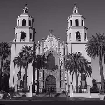 A black-and-white photo of St. Augustine Cathedral in Tucson, Arizona, with twin towers, palm trees, and ornate Spanish Colonial architecture.