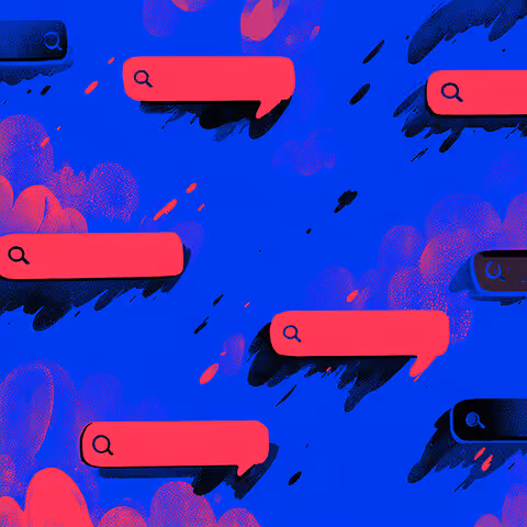 Rows of red and blue search bars floating diagonally across a textured background, resembling repeated search queries.