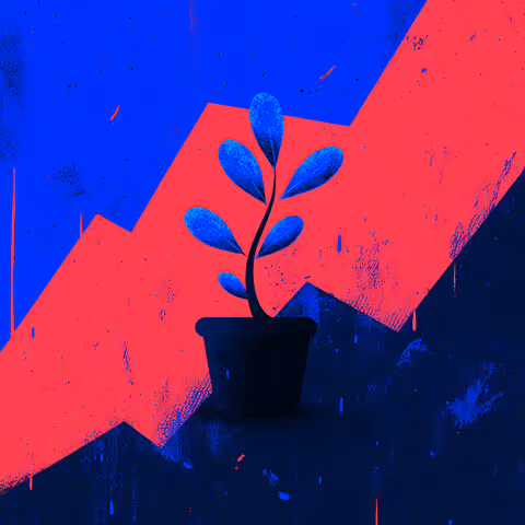 A small blue plant growing in a pot, set against a red and blue textured background with an upward-angled growth chart behind it.