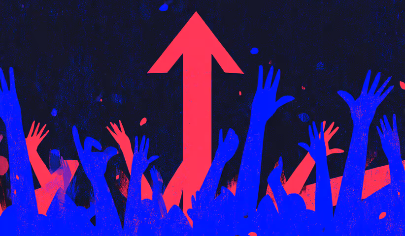 Silhouettes of raised hands reaching upward toward a large red arrow pointing higher, symbolizing growth or engagement.