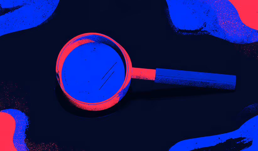 A magnifying glass illustrated in red and blue tones resting on a dark textured background.