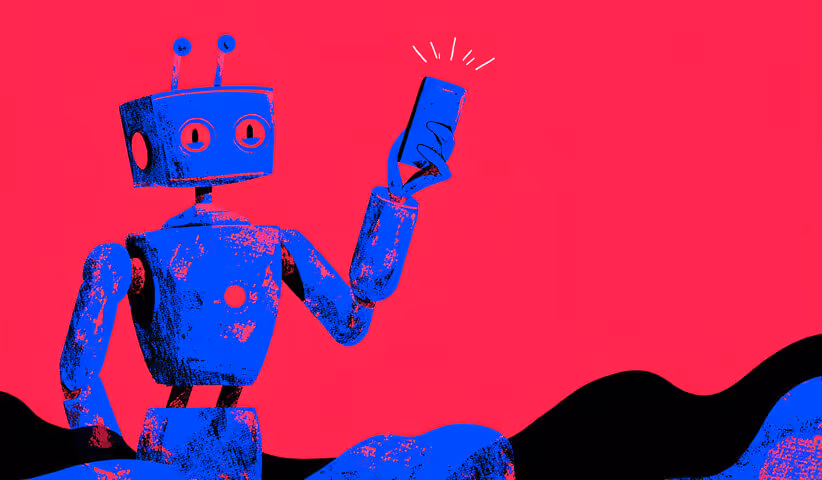 A blue and red robot holding a glowing smartphone, sitting against a bright red background with abstract shapes.