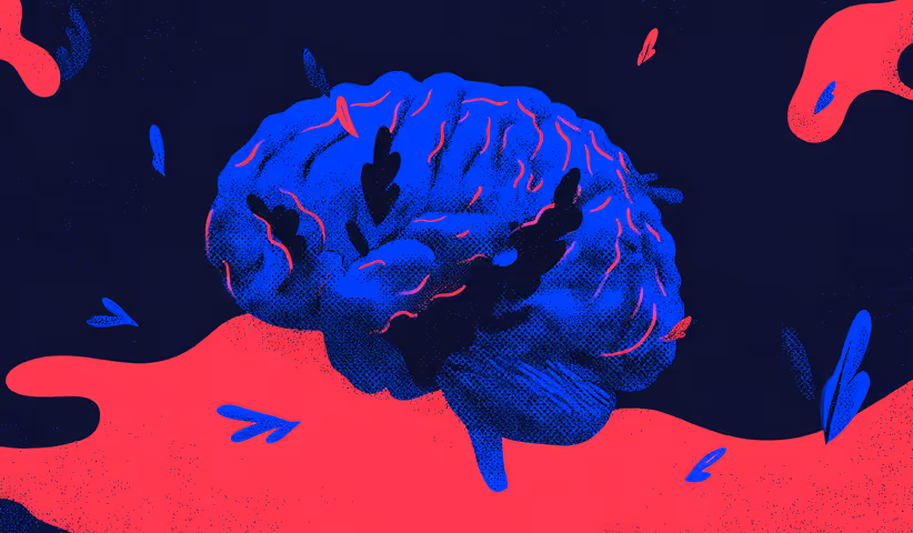 A stylized blue human brain floating over a red and dark textured background with scattered abstract leaf-like shapes.