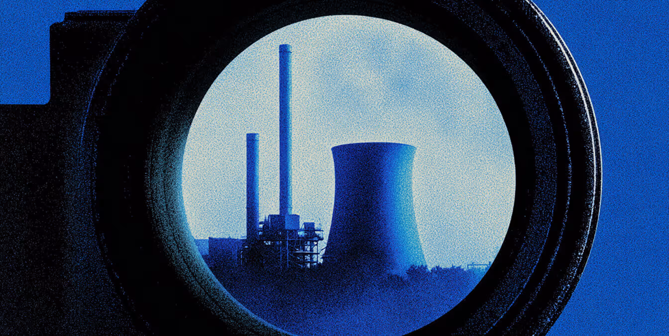 Illustration showing a factory with tall smokestacks as seen through the viewfinder of a camera lens, representing industrial observation and monitoring.