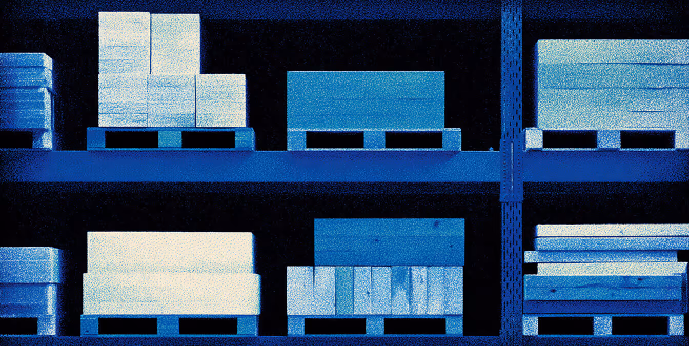 Illustration of stacked wooden pallets and material blocks arranged on industrial warehouse shelving in cool blue tones.