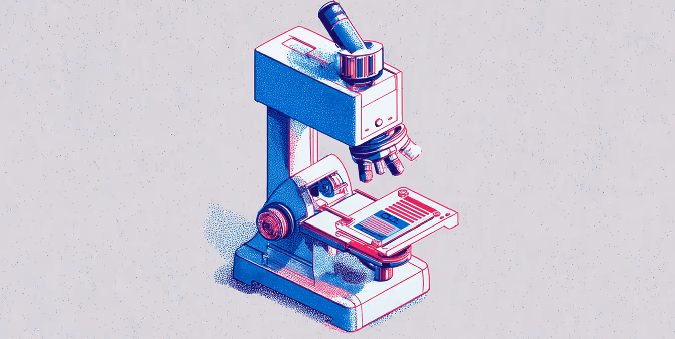 An illustration of a microscope on a light gray background, shown in blue and red halftone shading.