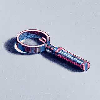 A blue and red halftone illustration of a magnifying glass resting on a light gray surface.