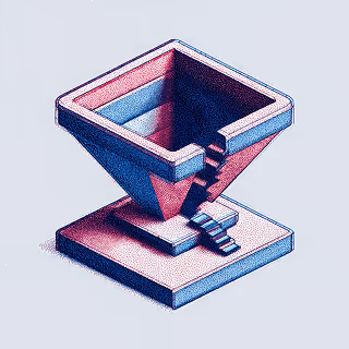 A blue and red halftone illustration of a funnel-shaped structure with small stairs on its side.