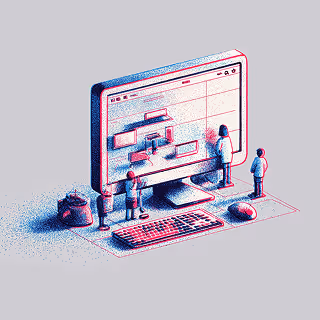 A stylized illustration of miniature people standing around a large computer monitor displaying a webpage layout.