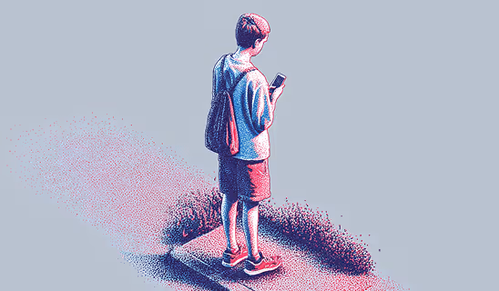 A halftone illustration of a young person standing on a sidewalk, looking at a smartphone.