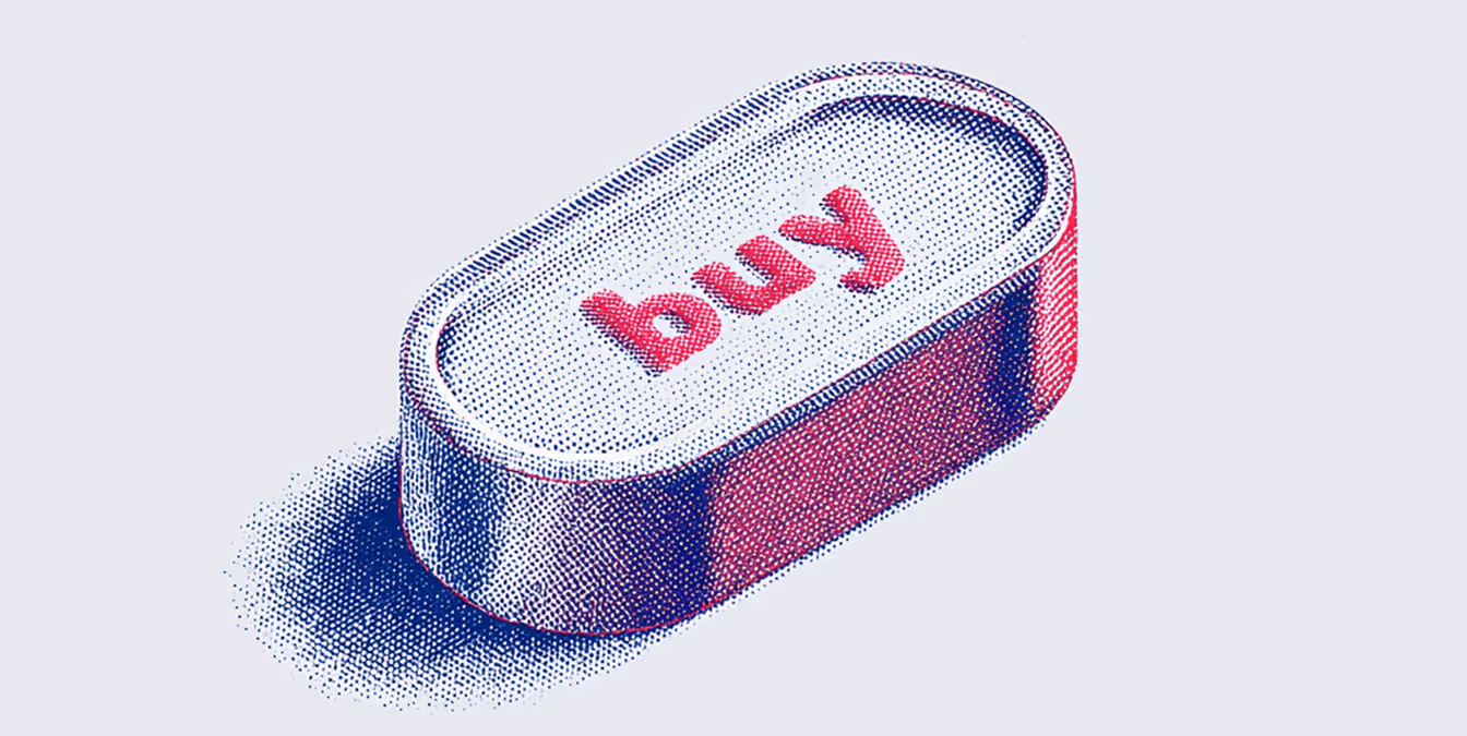 A metallic button with the word “buy” embossed in red, shown in a blue and red halftone style.