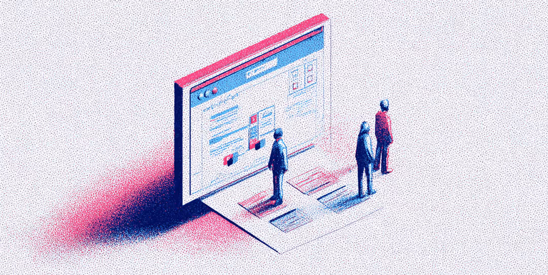Miniature people standing in front of a large computer screen displaying a webpage layout, with part of the page extending onto the floor.