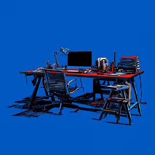 A minimalist workspace with a computer, books, lamp, chair, and stacks of paper on a long desk against a blue background.