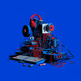 A complex machine made of wires, dials, screens, and audio equipment arranged in a stacked, futuristic workstation.