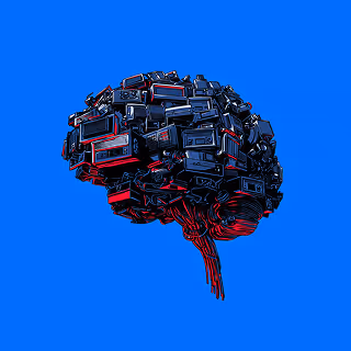 A stylized brain composed of interconnected electronic devices and wires floating on a solid blue background.