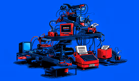 A retro-inspired machine built from typewriters, screens, pipes, and cables arranged in a pyramid-like structure.