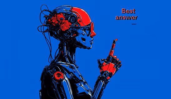 A humanoid robot with red and black circuitry holding up one finger, with “Best answer” written beside it.