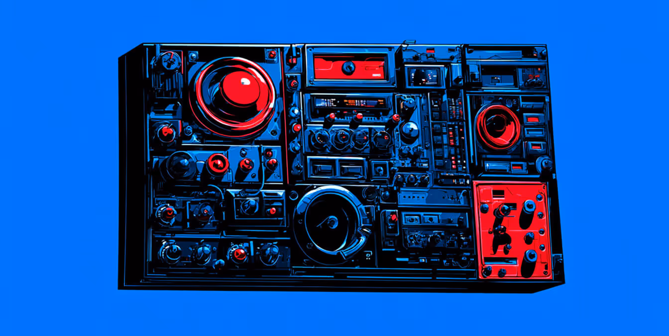 A large console filled with knobs, dials, buttons, and speakers in red and black tones against a blue background.