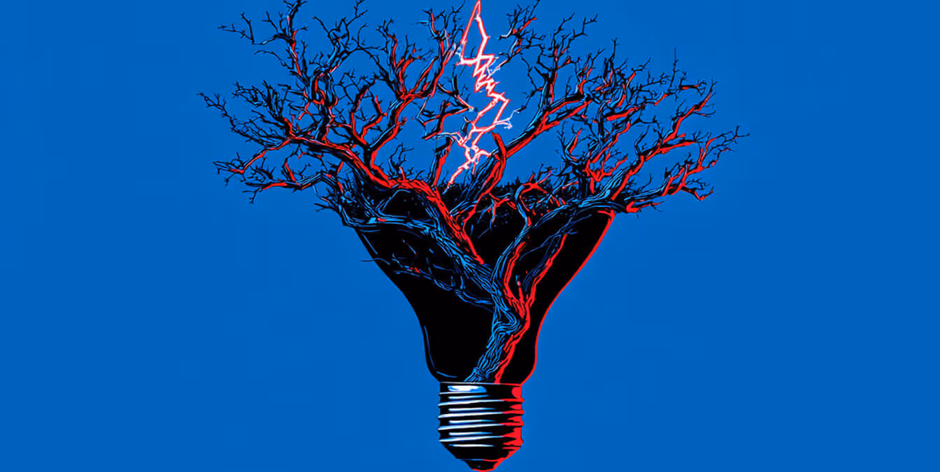 A lightbulb-shaped object with branching red and blue tree-like roots extending upward, set against a solid blue backdrop.