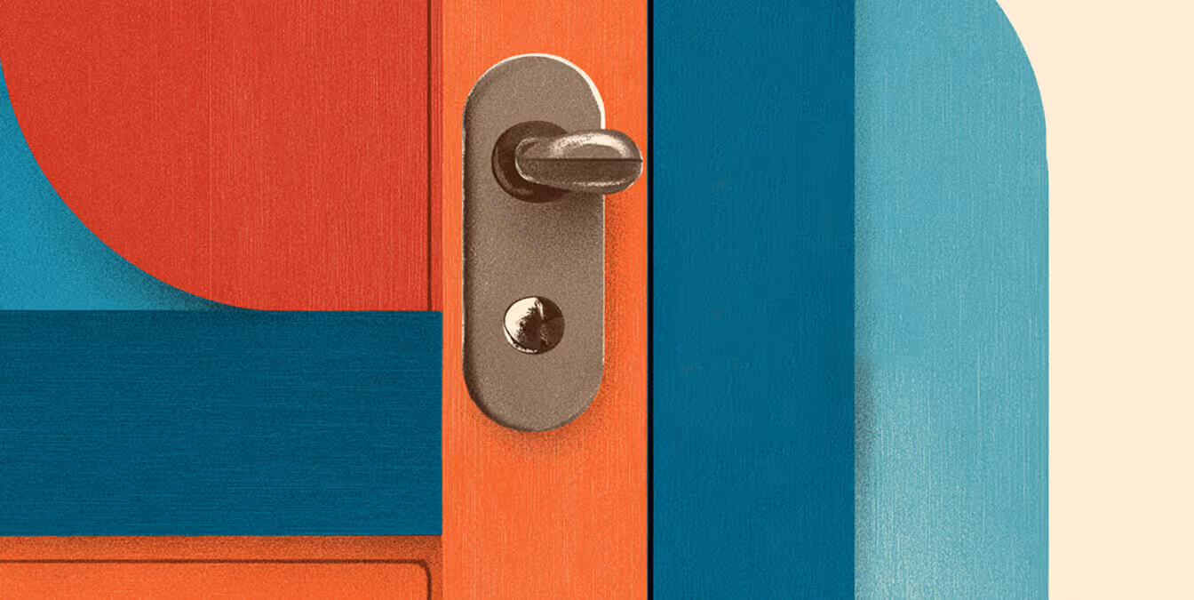 A close-up illustration of a door handle on a colorful geometric background with bold red, teal, and orange shapes.