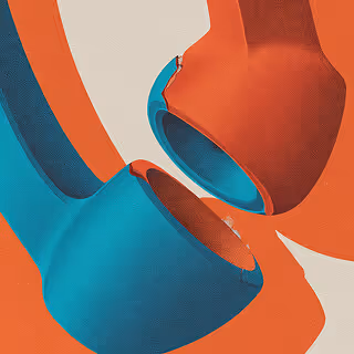 Two broken telephone handset pieces—one red, one teal—separated against a cream background.