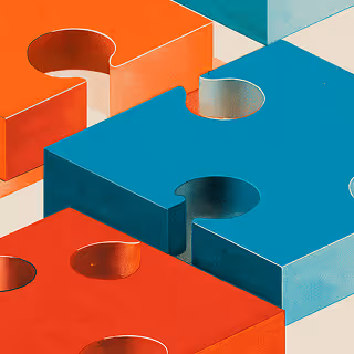 A geometric puzzle made of thick 3D blocks in red, orange, and teal forming interlocking shapes.